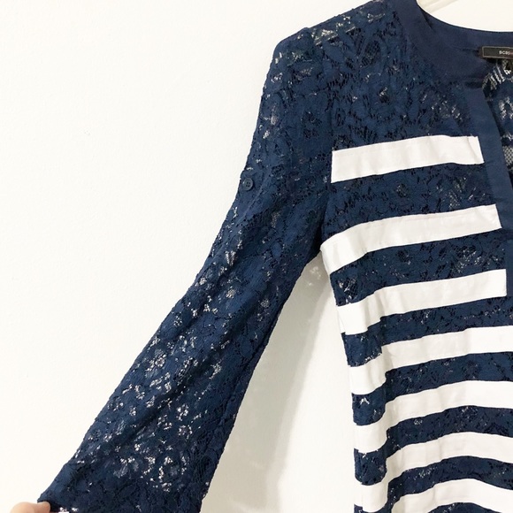 BCBG MaxAzria Lace and Fabric Stripe Shift Dress Three Quarter Sleeve Navy White - Picture 4 of 8